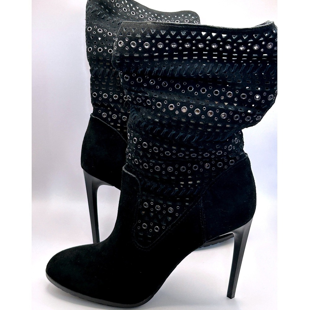Black Suede Slouchy Perforated Grommet Stiletto Mid Calf Boots Dolce Vita 7.5M